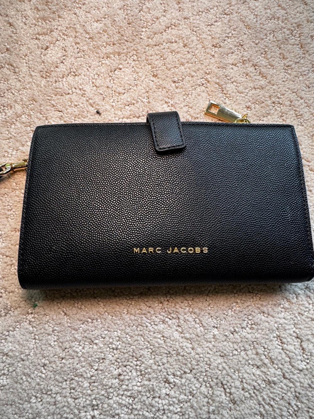 Marc Jacobs Black Pebbled Leather Clutch Wallet with Phone Pocket & Gold Accents